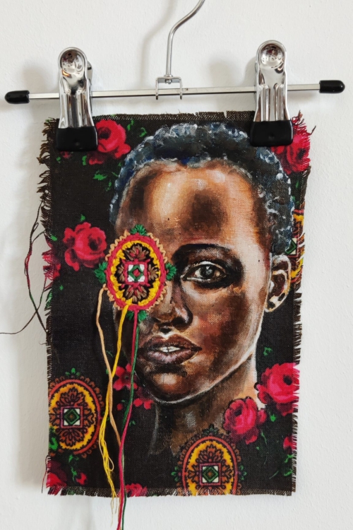 Artwork by Nanon Morsink titled Wallflower, made with acrylic on pre-printed fabric and embroidery