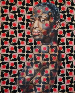 Artwork by Nanon Morsink titled Ego & Alterego, made with acrylic on pre-printed fabric and embroidery