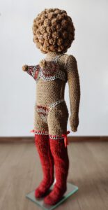 Sculptural work titled Hi, they call me Precious by contemporary artist Nanon Morsink, made from rope, can tabs, doll, and paint.