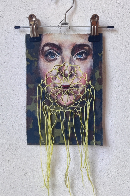 Artwork by Nanon Morsink titled Wallflower, made with acrylic on pre-printed fabric and embroidery