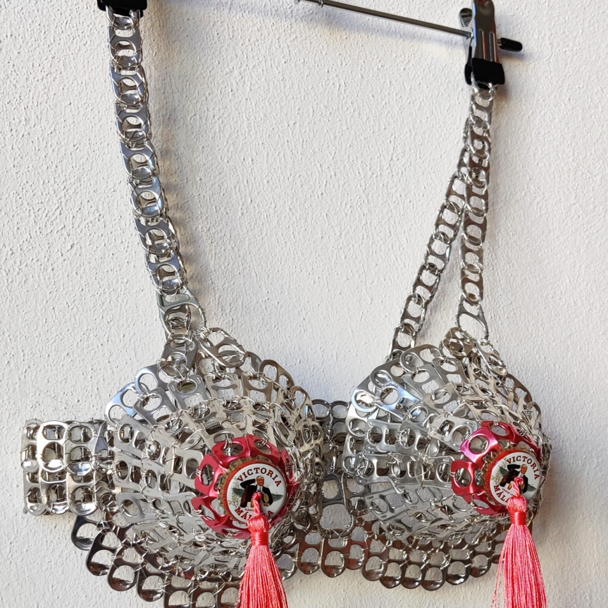 Victoria (Pink Version), can tabs, silver thread, beer caps, tassels, Safety Lingerie Series by contemporary artist Nanon Morsink
