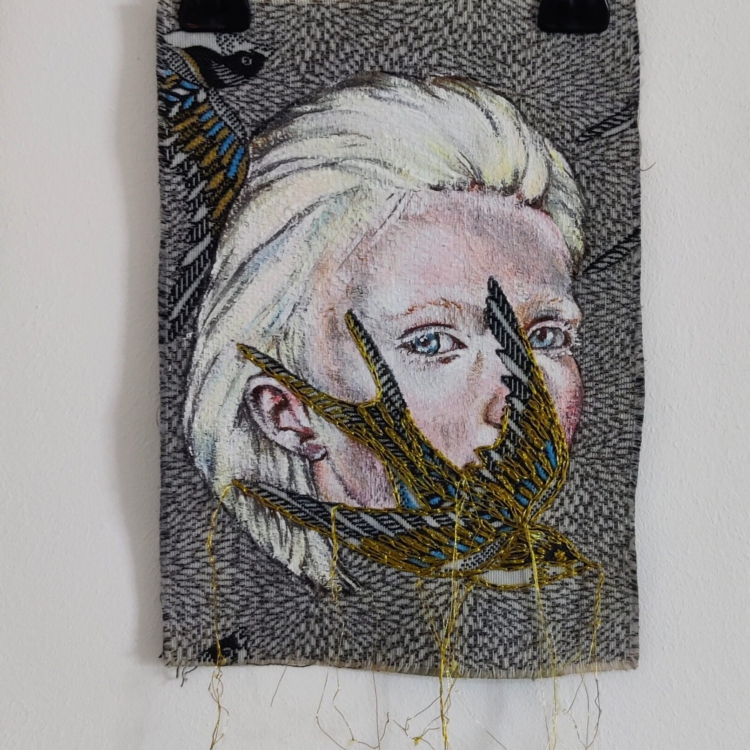 Artwork by Nanon Morsink titled Wallflower, made with acrylic on pre-printed fabric and embroidery
