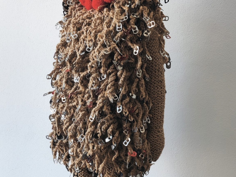 Sculptural work titled La Resistencia (de las tres virtudes de un artista) by contemporary artist Nanon Morsink, made from rope, wool, horns, can tab, nails, bird, and a doll.