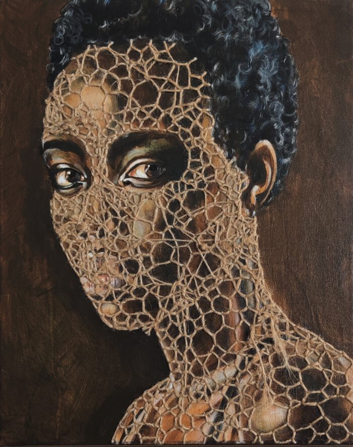 Artwork by Nanon Morsink titled Embroidered woman III, made with acrylic on canvas and rope embroidery