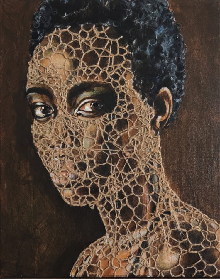 Artwork by Nanon Morsink titled Embroidered woman III, made with acrylic on canvas and rope embroidery