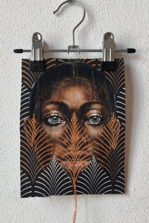 Artwork by Nanon Morsink titled Wallflower, made with acrylic on pre-printed fabric and embroidery