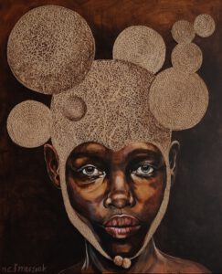Artwork by Nanon Morsink titled Woman with embroidered headgear I, made with acrylic on canvas and rope embroidery