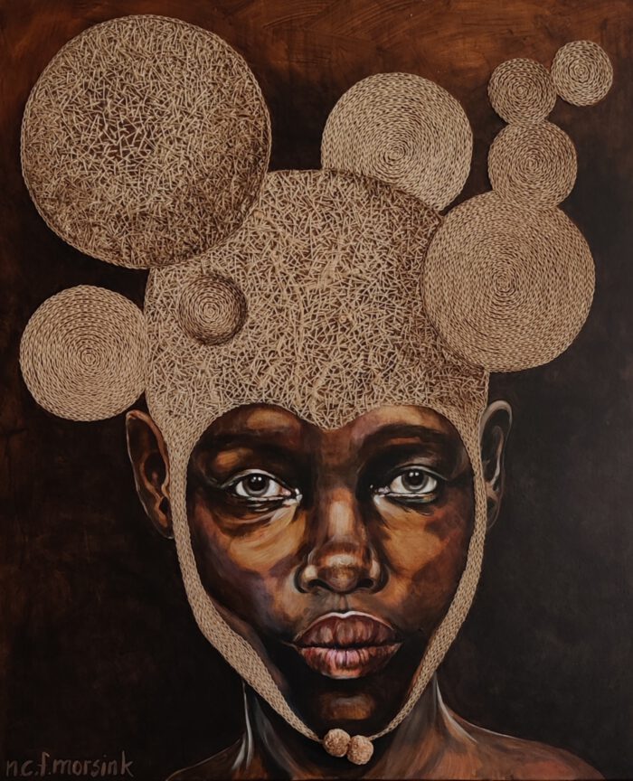 Artwork by Nanon Morsink titled Woman with embroidered headgear I, made with acrylic on canvas and rope embroidery