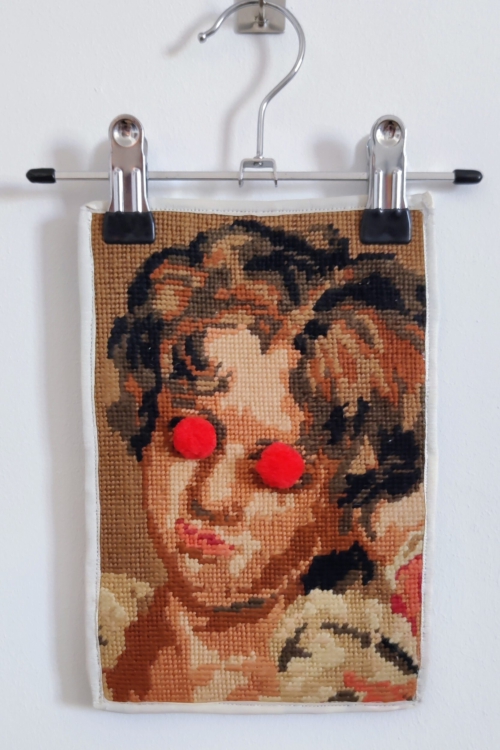 Artwork by Nanon Morsink titled Wallflower, ready-made embroidery with applicated pompons
