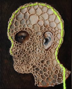 Artwork by Nanon Morsink titled Armor, made with acrylic on canvas, rope embroidery and wool