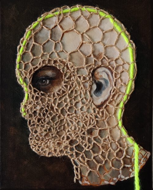 Artwork by Nanon Morsink titled Armor, made with acrylic on canvas, rope embroidery and wool