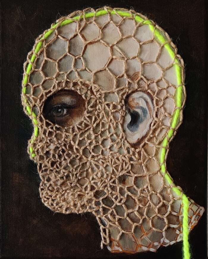 Artwork by Nanon Morsink titled Armor, made with acrylic on canvas, rope embroidery and wool