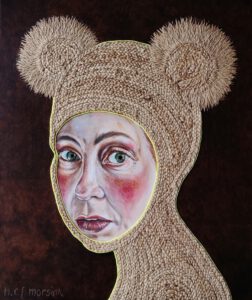 Artwork by Nanon Morsink titled Woman with embroidered headgear III, made with acrylic on canvas, jute, neon cord and rope embroidery