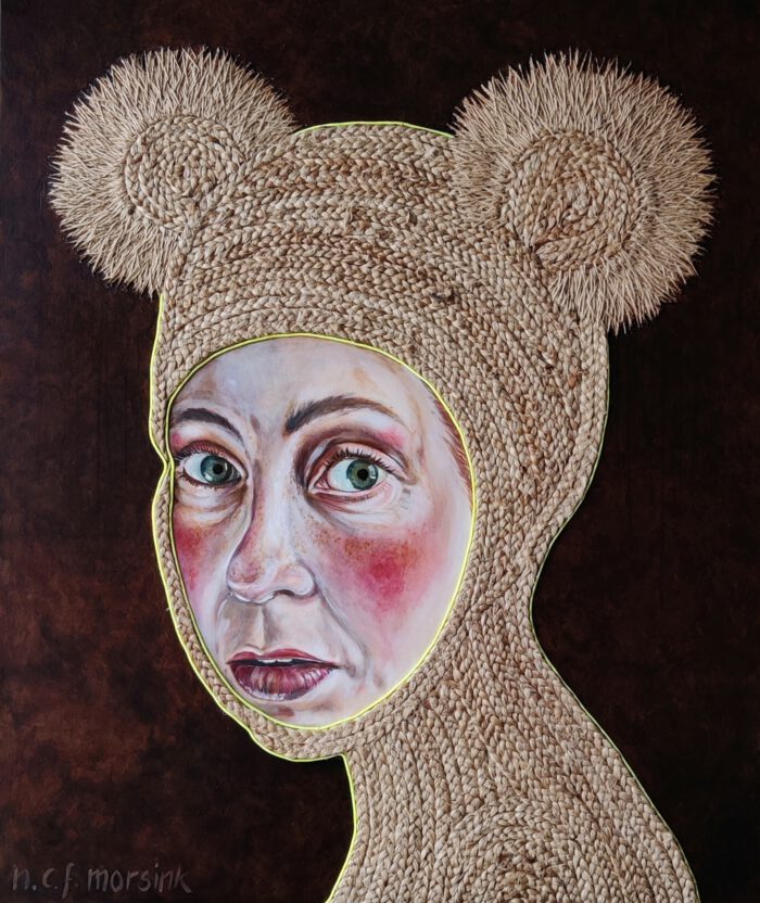 Artwork by Nanon Morsink titled Woman with embroidered headgear III, made with acrylic on canvas, jute, neon cord and rope embroidery