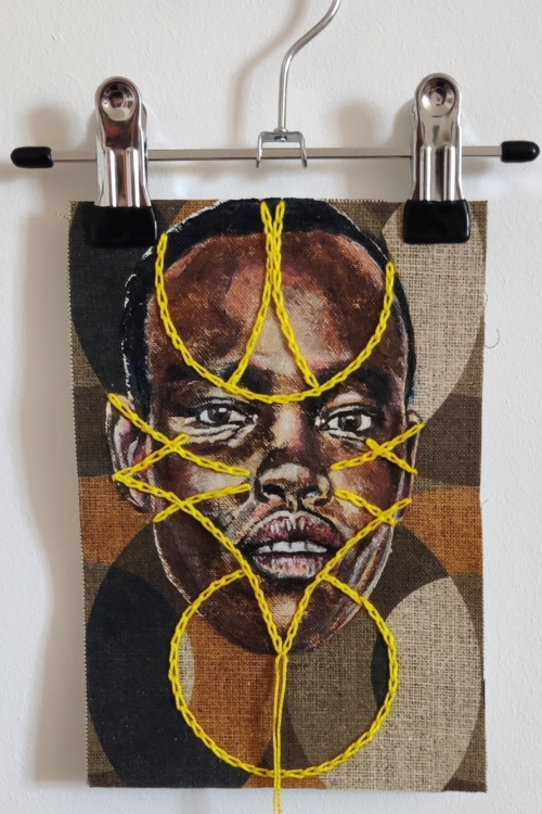 Artwork by Nanon Morsink titled Wallflower, made with acrylic on pre-printed fabric and embroidery