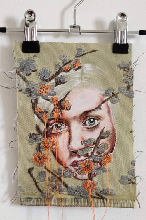 Artwork by Nanon Morsink titled Wallflower, made with acrylic on pre-printed fabric and embroidery