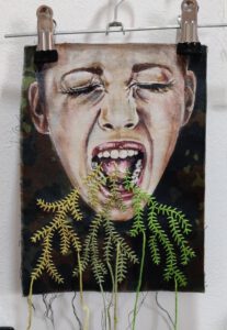 Artwork by Nanon Morsink titled Wallflower, made with acrylic on pre-printed fabric and embroidery