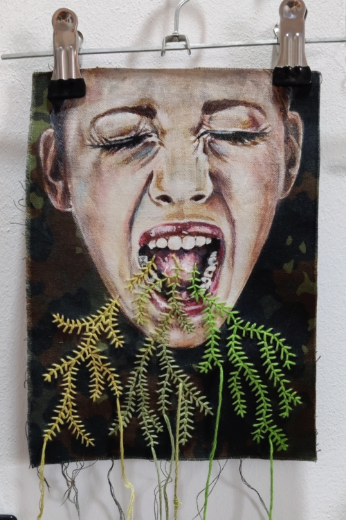 Artwork by Nanon Morsink titled Wallflower, made with acrylic on pre-printed fabric and embroidery