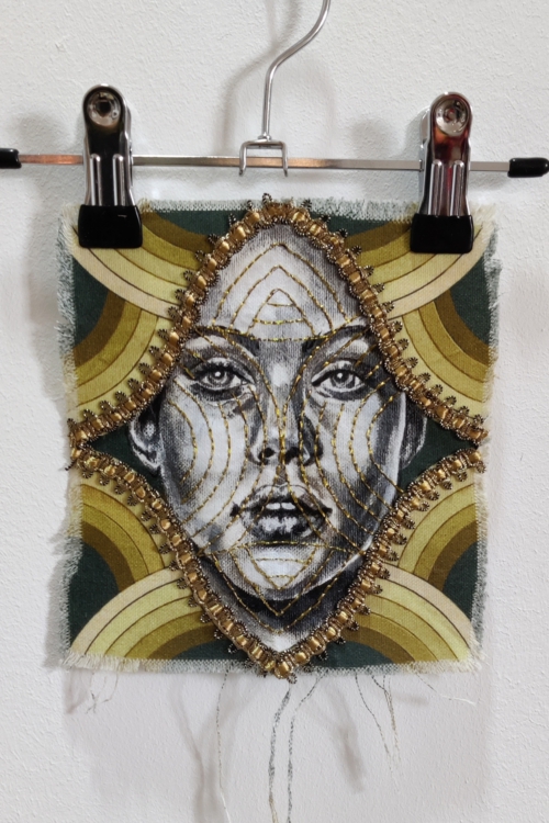 Artwork by Nanon Morsink titled Wallflower, made with acrylic on pre-printed fabric and embroidery