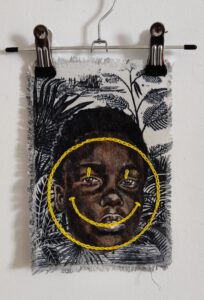 Artwork by Nanon Morsink titled Wallflower, made with acrylic on pre-printed fabric and embroidery