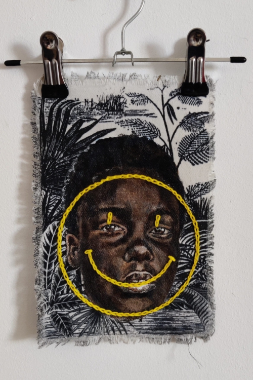 Artwork by Nanon Morsink titled Wallflower, made with acrylic on pre-printed fabric and embroidery