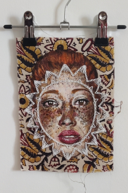 Artwork by Nanon Morsink titled Wallflower, made with acrylic on pre-printed fabric and embroidery