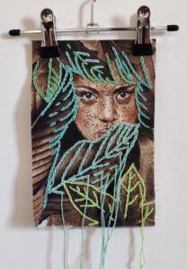 Artwork by Nanon Morsink titled Wallflower, made with acrylic on pre-printed fabric and embroidery