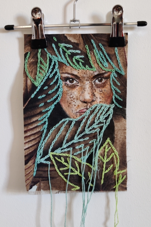 Artwork by Nanon Morsink titled Wallflower, made with acrylic on pre-printed fabric and embroidery