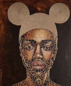 Artwork by Nanon Morsink titled Woman with embroidered headgear II, made with acrylic on canvas and rope embroidery