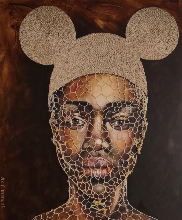 Artwork by Nanon Morsink titled Woman with embroidered headgear II, made with acrylic on canvas and rope embroidery