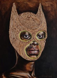 Artwork by Nanon Morsink titled Heroine, made with acrylic on canvas, jute and neon cord