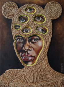 Artwork by Nanon Morsink titled The visionary, made with acrylic on canvas, jute and neon cord