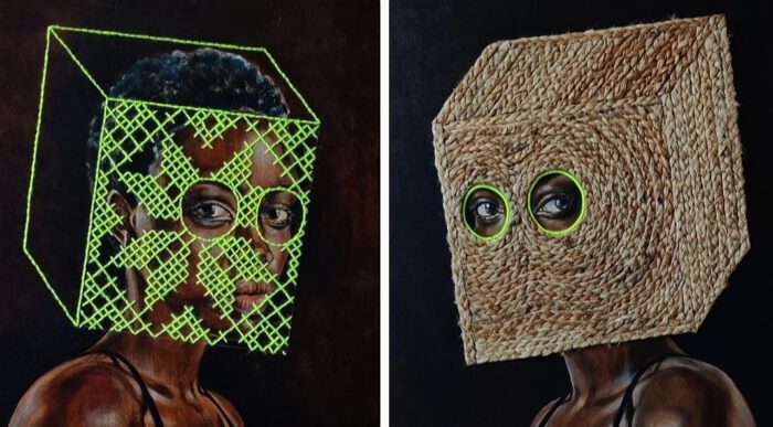 Diptych by Nanon Morsink titled Caja con vista I and II, made with acrylic on canvas, neon embroidery and jute