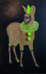 Artwork by Nanon Morsink titled Send in the clowns, made with acrylic on canvas, jute, neon cord, rope and wool embroidery