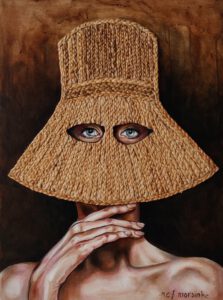 Artwork by Nanon Morsink titled Anonymous woman with hat, made with acrylic on canvas and jute