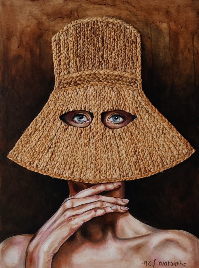 Artwork by Nanon Morsink titled Anonymous woman with hat, made with acrylic on canvas and jute