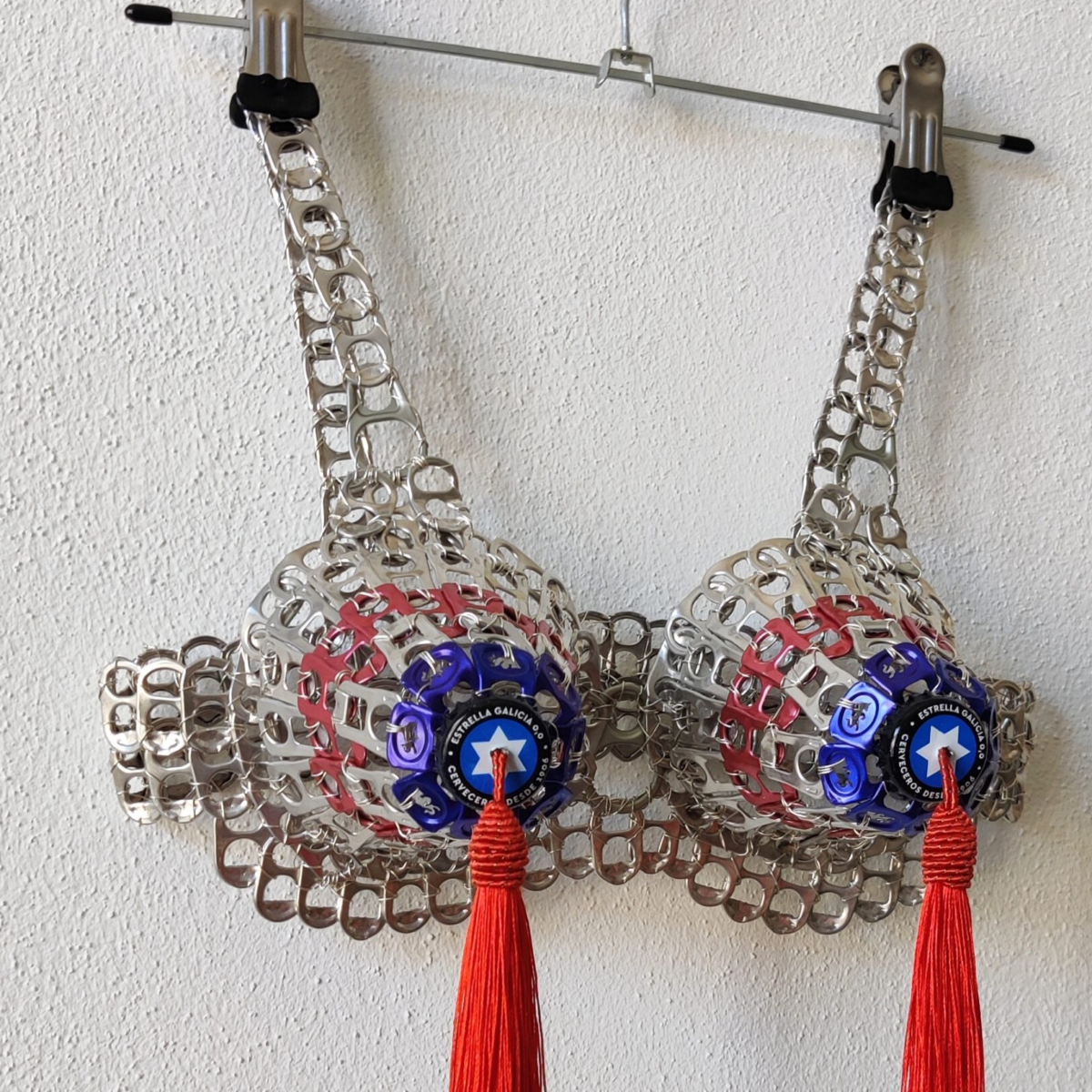 Estrella Galicia (Como las estrellas en tus ojos), Safety Lingerie Series, can tabs, silver thread, beer caps, tassels by contemporary artist Nanon Morsink