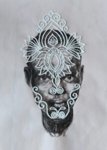 “I Am II” by Nanon Morsink – mixed media portrait on chalk paper, combining drawing and embroidery. Contemporary fiber art, 30 x 40 cm, 2024.