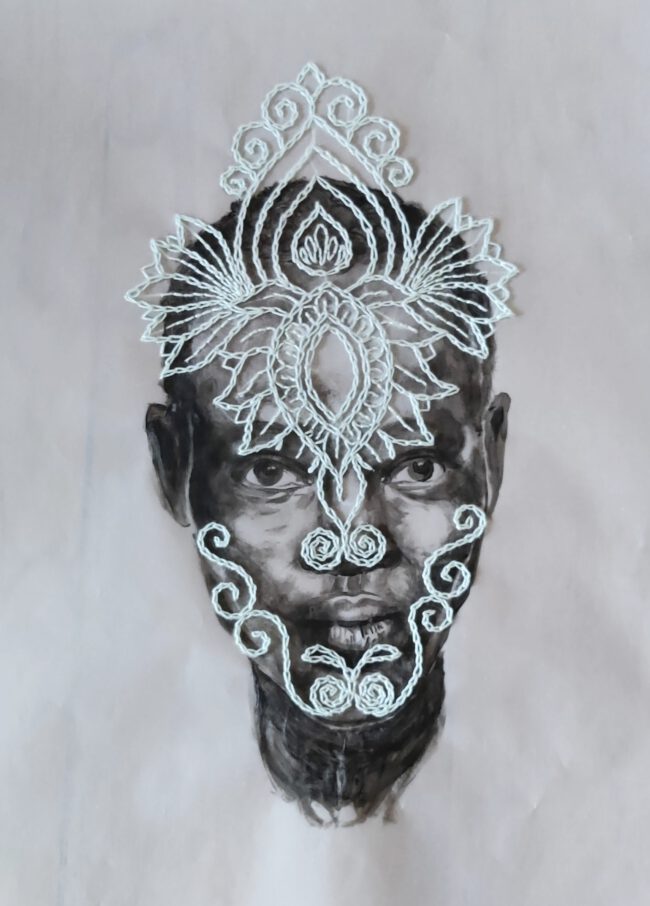 “I Am II” by Nanon Morsink – mixed media portrait on chalk paper, combining drawing and embroidery. Contemporary fiber art, 30 x 40 cm, 2024.