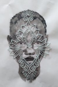 “I Am” by Nanon Morsink – mixed media portrait on chalk paper, combining drawing and embroidery. Contemporary fiber art, 30 x 40 cm, 2024.