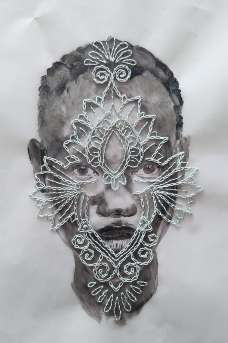 “I Am” by Nanon Morsink – mixed media portrait on chalk paper, combining drawing and embroidery. Contemporary fiber art, 30 x 40 cm, 2024.