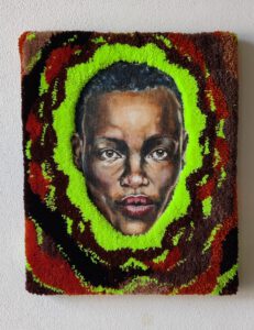“Vibes” by Nanon Morsink – contemporary fiber art combining acrylic paint and tufted wool on canvas. Modern textile artwork, 40 x 50 cm, 2024.